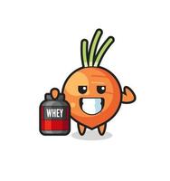 the muscular carrot character is holding a protein supplement vector