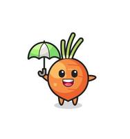 cute carrot illustration holding an umbrella vector