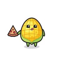 cute corn cartoon eating pizza vector