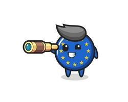 cute europe flag badge character is holding an old telescope vector