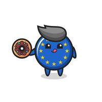 Ilustración de un personaje de insignia de la bandera de Europa comiendo una rosquilla vector