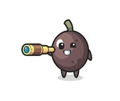 cute black olive character is holding an old telescope vector