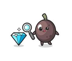 black olive mascot is checking the authenticity of a diamond vector