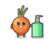 cute carrot cartoon with hand sanitizer vector