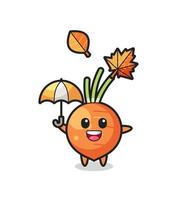 caricatura de la linda zanahoria sosteniendo un paraguas en otoño vector