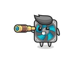 cute computer fan character is holding an old telescope vector