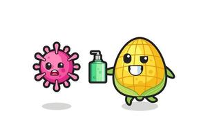 illustration of corn character chasing evil virus with hand sanitizer vector