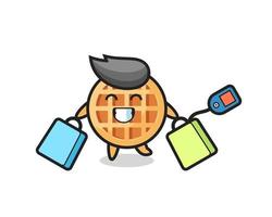 circle waffle mascot cartoon holding a shopping bag vector