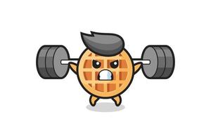 circle waffle mascot cartoon with a barbell vector