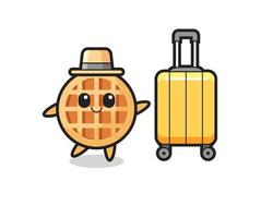 circle waffle cartoon illustration with luggage on vacation vector