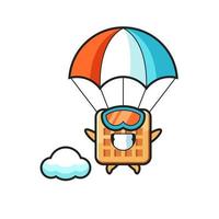 waffle mascot cartoon is skydiving with happy gesture vector