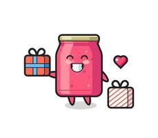 dibujos animados de mascota de mermelada de fresa dando el regalo vector