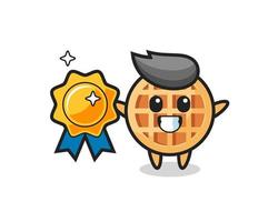 circle waffle mascot illustration holding a golden badge vector
