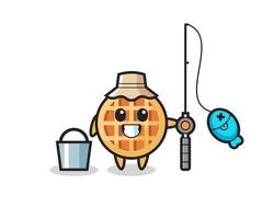 Mascot character of circle waffle as a fisherman vector