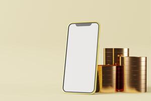 Smartphone and gold piled up sideways on white background photo