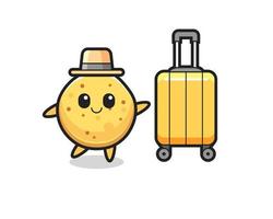 potato chip cartoon illustration with luggage on vacation vector