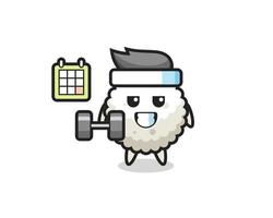 rice ball mascot cartoon doing fitness with dumbbell vector