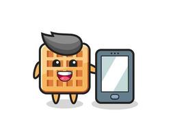 waffle illustration cartoon holding a smartphone vector