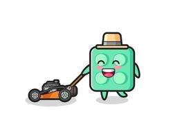 illustration of the brick toy character using lawn mower vector