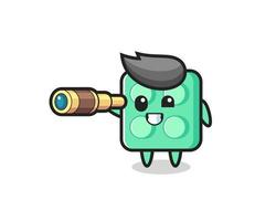 cute brick toy character is holding an old telescope vector