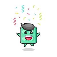 happy brick toy mascot jumping for congratulation with colour confetti vector