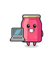 Ilustración de mascota de mermelada de fresa con una computadora portátil vector