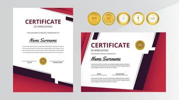 certificado de lujo rojo y negro degradado con conjunto de insignia dorada vector