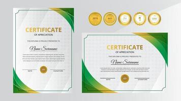 Gradient golden and green luxury certificate with gold badge set vector