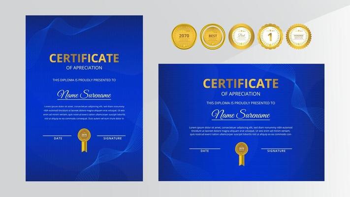 Gradient golden and blue luxury certificate with gold badge set