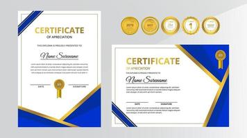 Gradient golden and blue luxury certificate with gold badge set vector