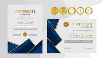 Certificado de lujo azul degradado y negro con conjunto de insignias doradas. vector
