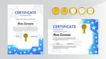 Gradient blue and star pattern luxury certificate with gold badge set vector