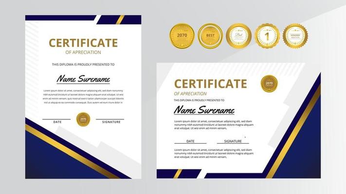 Gradient blue luxury certificate with gold badge set