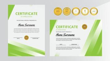 Gradient green luxury certificate with gold badge set vector