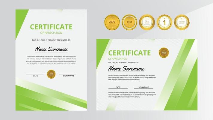 Gradient green luxury certificate with gold badge set