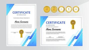 Gradient blue luxury certificate with gold badge set vector