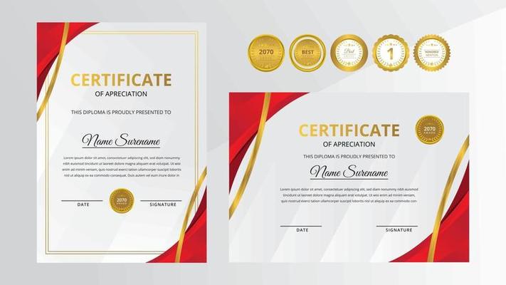 radient red luxury certificate with gold badge set