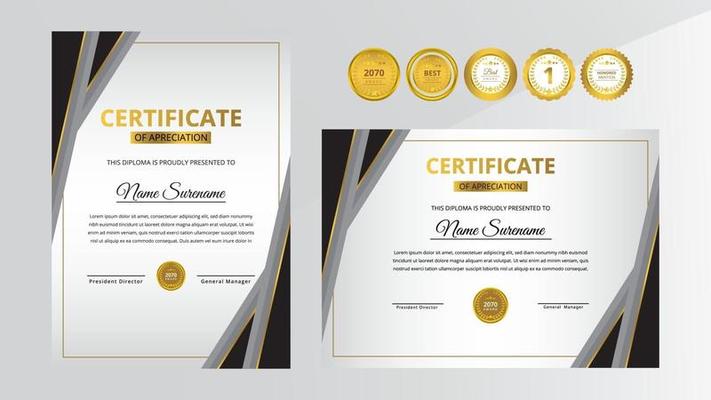 Gradient golden and black luxury certificate with gold badge set