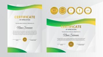 Gradient golden and green luxury certificate with gold badge set vector