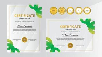 certificado de lujo dorado y verde degradado con conjunto de insignia dorada vector