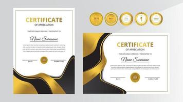 certificado de lujo dorado y negro degradado con conjunto de insignia dorada vector