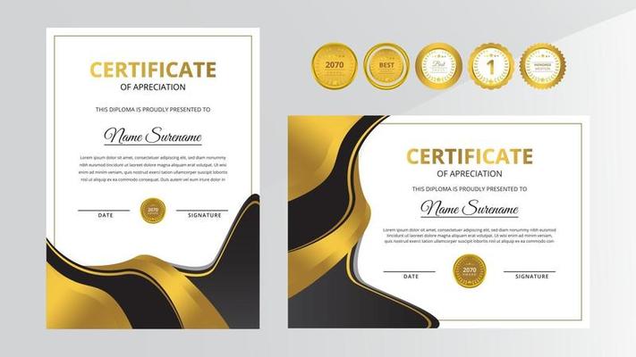 Gradient golden and black luxury certificate with gold badge set