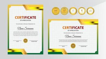 certificado de lujo dorado y verde degradado con conjunto de insignia dorada vector