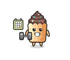dibujos animados de la mascota de la magdalena haciendo fitness con mancuernas vector