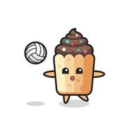 personaje de dibujos animados de cupcake está jugando voleibol vector