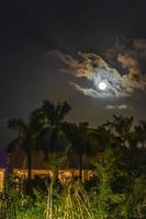 maravillosa luna llena dramática con nubes detrás de palmeras playa mexico.