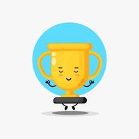 Cute trophy character meditating in yoga pose vector