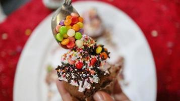 Close up view of various sweet cupcakes, bakery cake photo