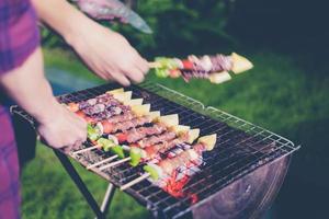 Asian group of friends having outdoor garden barbecue photo