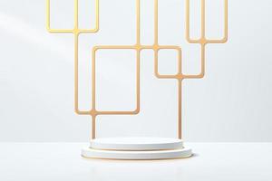 White, gold geometric pedestal podium with golden rectangle frame. vector
